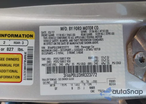 2017 Ford Fusion Hybrid Se z USA, uszkodzony, nr VIN 3FA6P0LU3HR323772